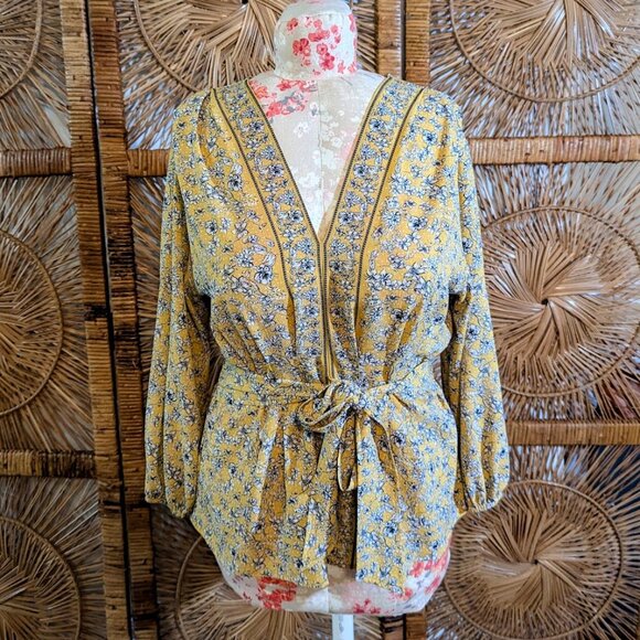 Max Studio Floral Yellow Tie Blouse Size XL EUC - Picture 2 of 7